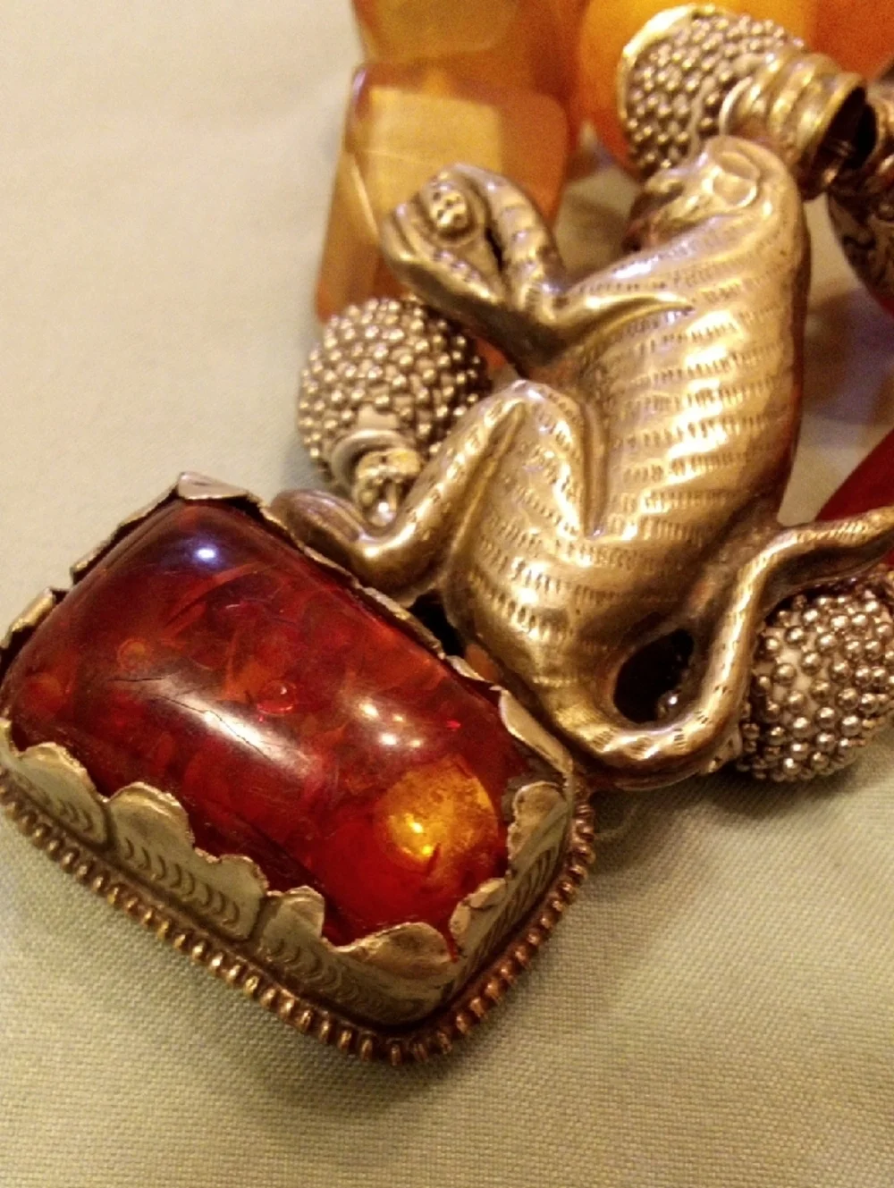 Real Amber-Tone Glass Bead Necklace with Silver Monkey Pendant